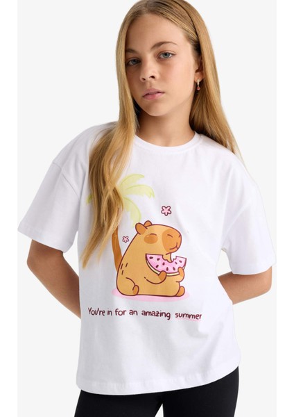 Kız Çocuk Oversize Geniş Kalıp Bisiklet Yaka Baskılı Kısa Kollu Tişört F9722A825HS fırsatları