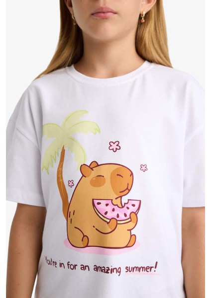 Kız Çocuk Oversize Geniş Kalıp Bisiklet Yaka Baskılı Kısa Kollu Tişört F9722A825HS indirimleri