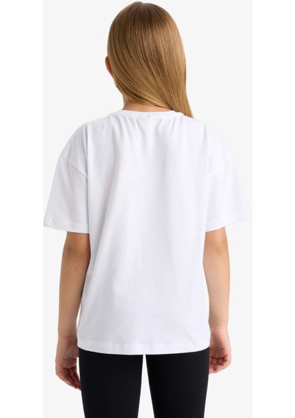 Kız Çocuk Oversize Geniş Kalıp Bisiklet Yaka Baskılı Kısa Kollu Tişört F9722A825HS