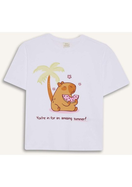 Kız Çocuk Oversize Geniş Kalıp Bisiklet Yaka Baskılı Kısa Kollu Tişört F9722A825HS