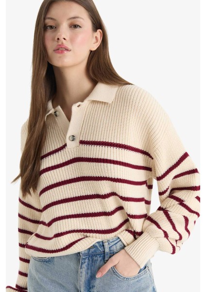 Relax Fit Polo Yaka Düğmeli Çizgili Triko Kazak C4918AX25WN