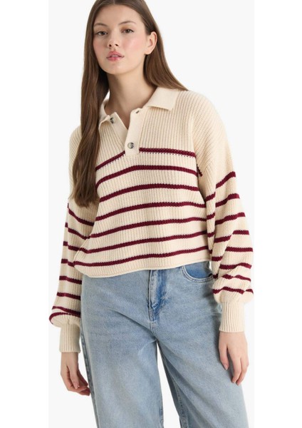 Relax Fit Polo Yaka Düğmeli Çizgili Triko Kazak C4918AX25WN modelleri