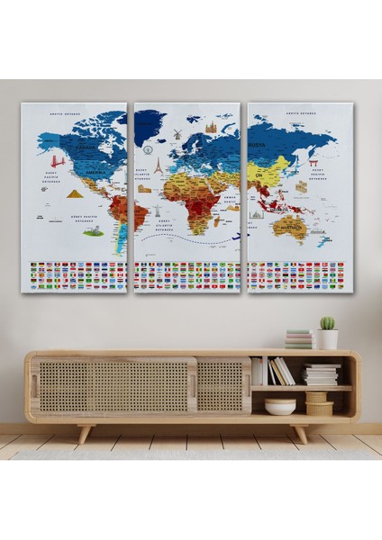 Sembollü Dünya Haritası Dekoratif Kanvas Tablo, Öğretici ve Eğlenceli Tasarım modelleri