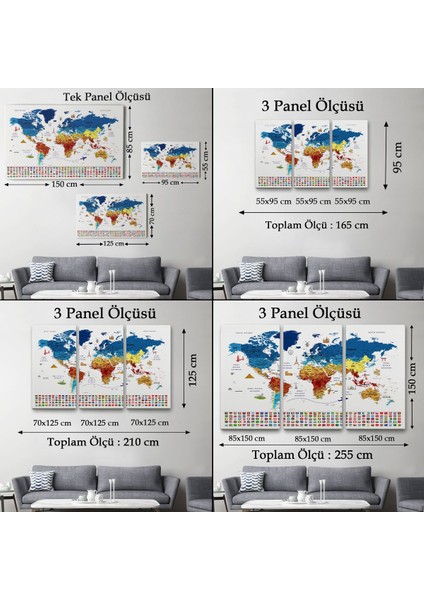 Sembollü Dünya Haritası Dekoratif Kanvas Tablo, Öğretici ve Eğlenceli Tasarım