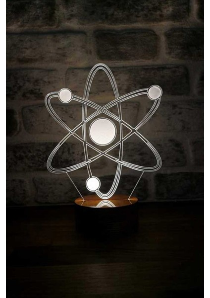 Renkli Atom Figürlü LED Masa Lambası, Ahşap Taban, 7 Işık Rengi