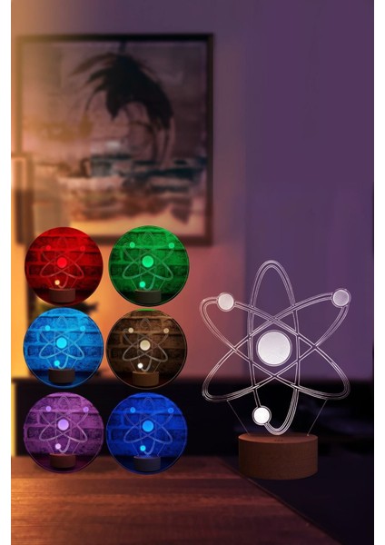 Renkli Atom Figürlü LED Masa Lambası, Ahşap Taban, 7 Işık Rengi fiyatları
