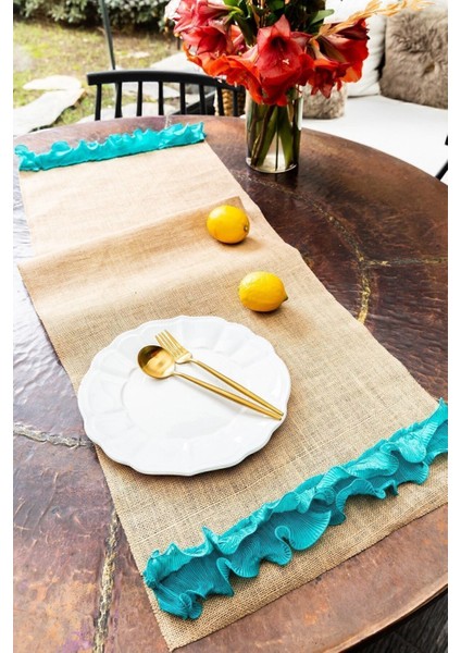 El Yapımı Mavi Jüt Runner 40X140, Şık ve Doğal Dekorasyon Seçeneği