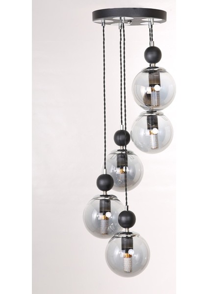 5'li Siyah Krom Füme Camlı Sarkıt Avize, Şık ve Modern Aydınlatma Seçeneği
