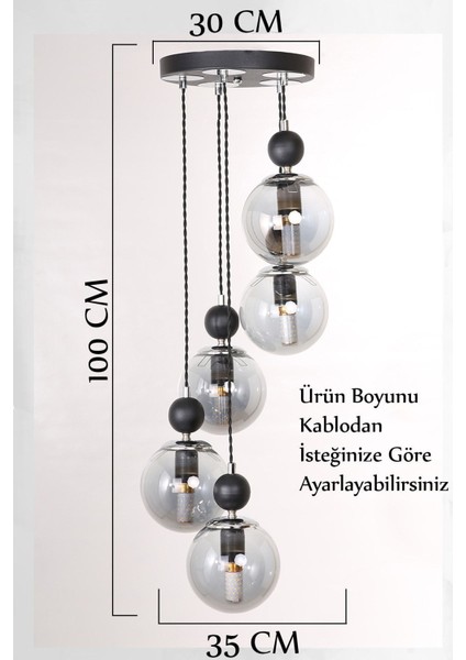 5'li Siyah Krom Füme Camlı Sarkıt Avize, Şık ve Modern Aydınlatma Seçeneği indirimleri