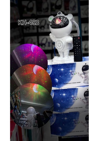 Beyaz Uzay Teması Gece Lambası: 360° Projeksiyon, Sesli ve Uzaktan Kumandalı