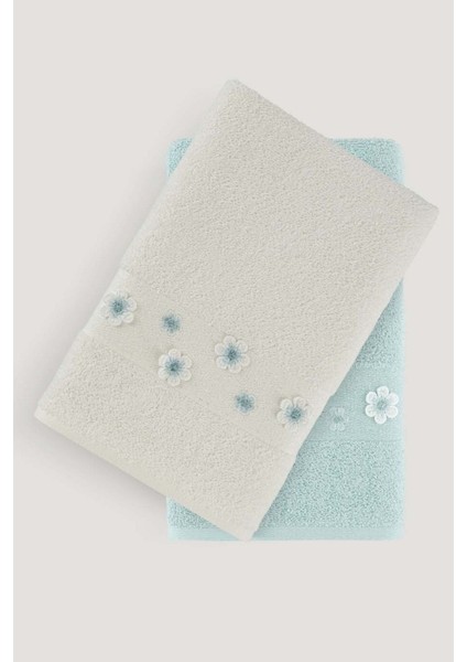 Ekru Nakışlı Bordürlü 2'li Havlu Seti 30X50