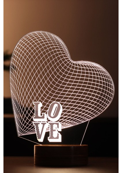 Renkli Kalp Figürlü LED Masa Lambası, Ahşap Taban, 7 Işık Rengi