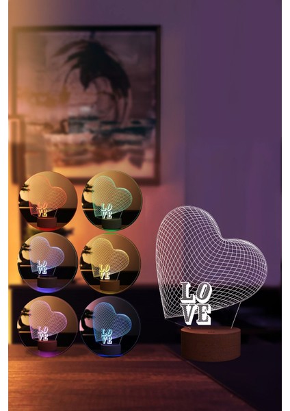 Renkli Kalp Figürlü LED Masa Lambası, Ahşap Taban, 7 Işık Rengi fiyatları