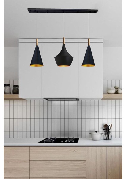 Modern Siyah Üçlü Ahşap Sarkıt Avize, Şık ve Zarif Iç Mekan Aydınlatması