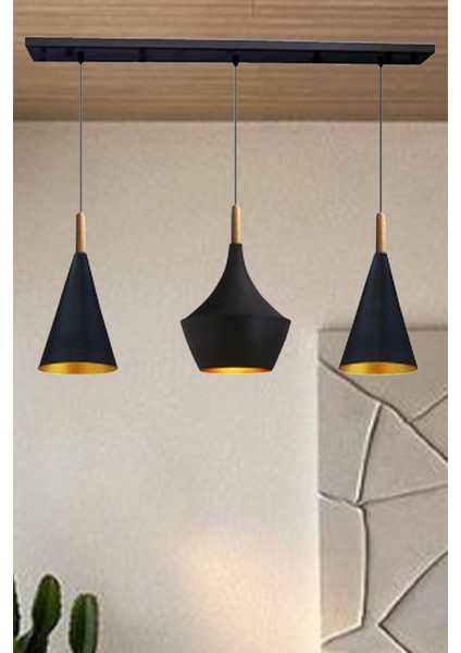 Modern Siyah Üçlü Ahşap Sarkıt Avize, Şık ve Zarif Iç Mekan Aydınlatması