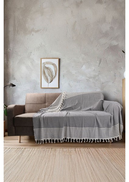 170X210 Pamuklu Çok Amaçlı Kaymaz ve Su Geçirmez Koltuk Örtüsü, Püsküllü, Yazlık, Gri