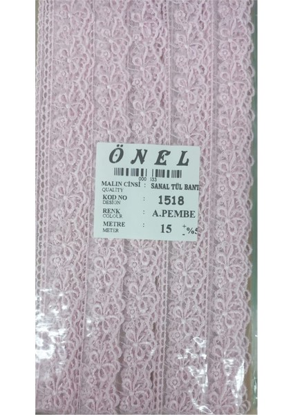 Dantel Polyester Sanal Tül Bant Açık Pembe 15 mt En 3 cm ON-1518-AP