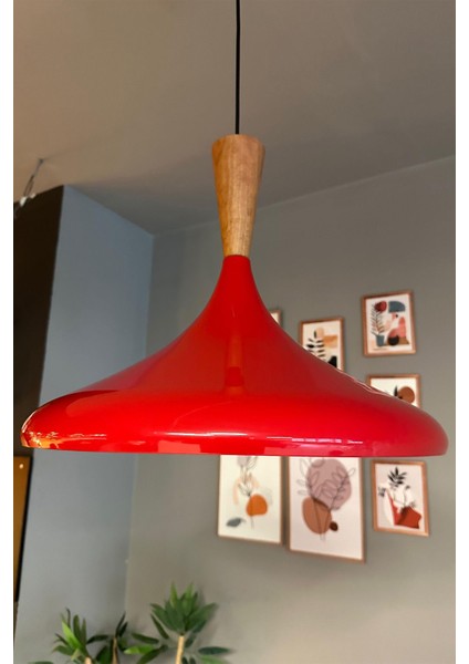 45 cm Kırmızı Büyük Huni Ahşap Avize Tekli Sarkıt Salon Mutfak Hayalinizdeki Aydınlatma