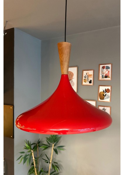 45 cm Kırmızı Büyük Huni Ahşap Avize Tekli Sarkıt Salon Mutfak Hayalinizdeki Aydınlatma modelleri