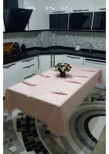 Güpürlü 8 Kişilik Leke Tutmaz Pembe Yemek Takımı