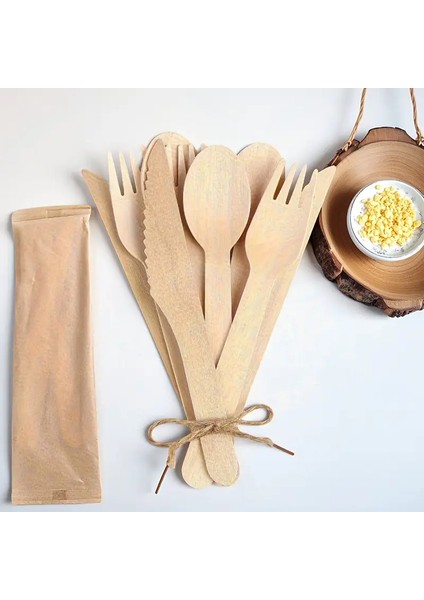 24 Adet Kullan At Naturel Ahşap Tahta Çatal Kaşık Bıçak Seti Kamp,piknik Vb.