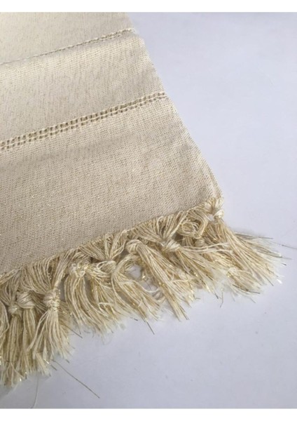 Krem Renkli Masa Örtüsü, Sarı Simli Püsküllü, 90X90 Cm, Şık ve Zarif Tasarım fiyatları