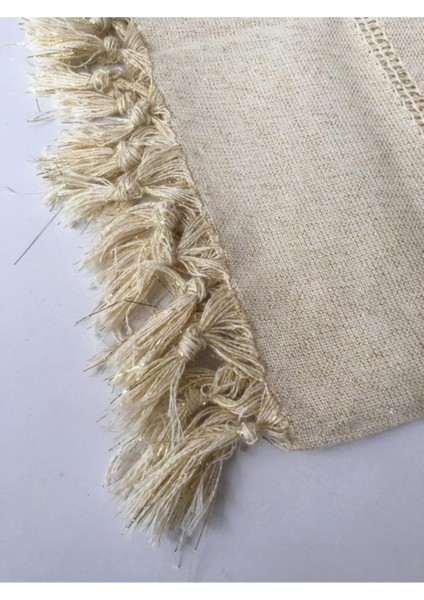 Krem Renkli Masa Örtüsü, Sarı Simli Püsküllü, 90X90 Cm, Şık ve Zarif Tasarım modelleri