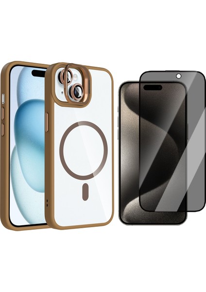 iPhone 14 Kılıf Standlı ve Kamera Lens Hediyeli M-Safe Şarj Özellikli Zore Etro Kapak + Hayalet Ekran Koruyucu