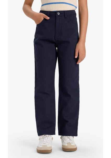 Kız Çocuk Straight Fit Geniş Bol Paça Cepli Pamuklu Okul Pantolonu fırsatları
