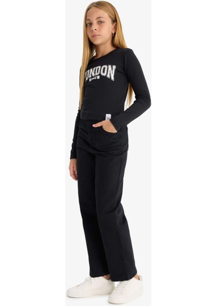 Kız Çocuk Straight Fit Geniş Bol Paça Cepli Pamuklu Okul Pantolonu modelleri