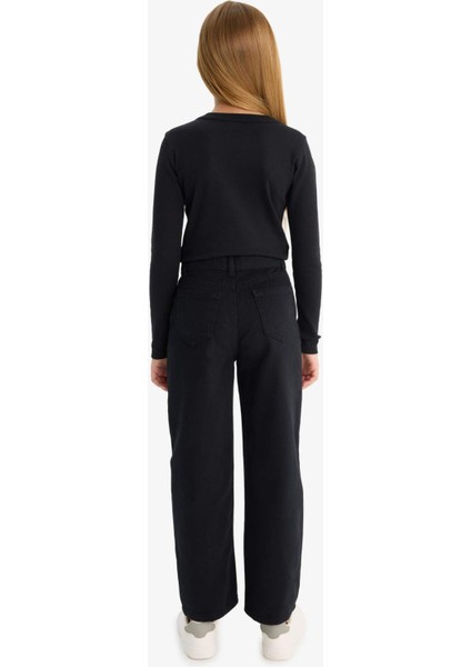 Kız Çocuk Straight Fit Geniş Bol Paça Cepli Pamuklu Okul Pantolonu