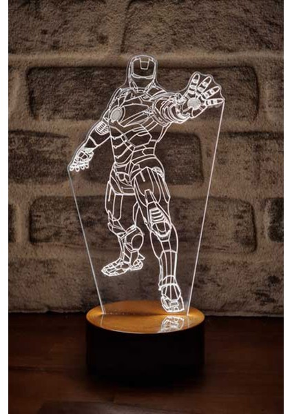 Renkli LED Masa Lambası, Figürlü Dekor, Ahşap Tabak, 7 Işık Rengi