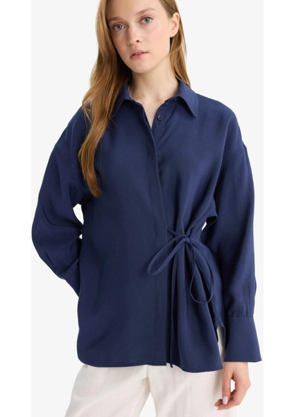 Relax Fit Modal Önden Bağlamalı Uzun Kollu Gömlek Tunik