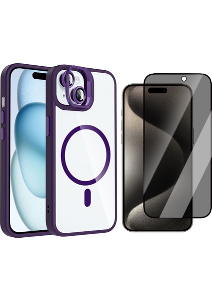 iPhone 14 Kılıf Standlı ve Kamera Lens Hediyeli M-Safe Şarj Özellikli Zore Etro Kapak + Hayalet Ekran Koruyucu