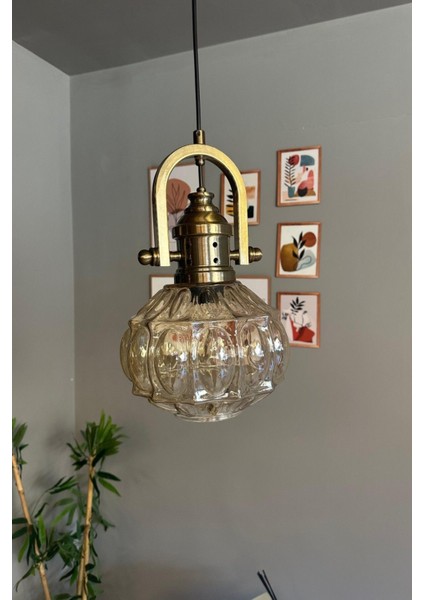 Bal Rengi Tekli Avize, Eskitme Tasarım, Retro Sarkıt, Salon ve Oturma Odası Aydınlatma