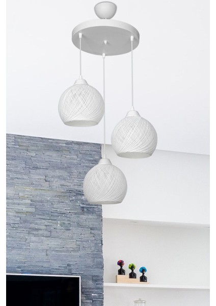 Kırık Beyaz 3'lü Çemberli Şık Avize Işıldayan Tasarım