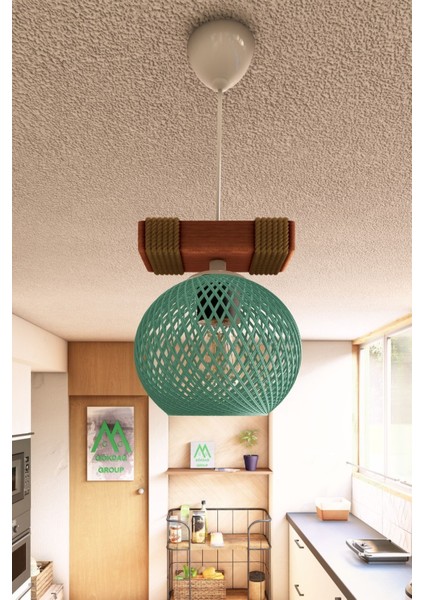 Camgöbeği Küre Sarkıt Avize, Ahşap Halat Detaylı, Şık ve Modern Aydınlatma Parçası