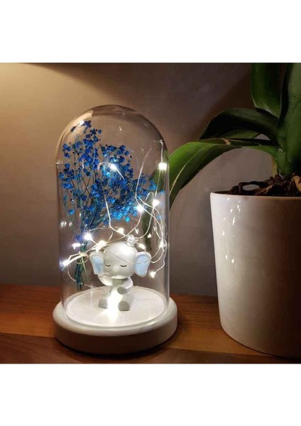 Mavi Fil Figürlü Işıklı Fanus Gece Lambası, Çocuk Odası Dekorasyonu