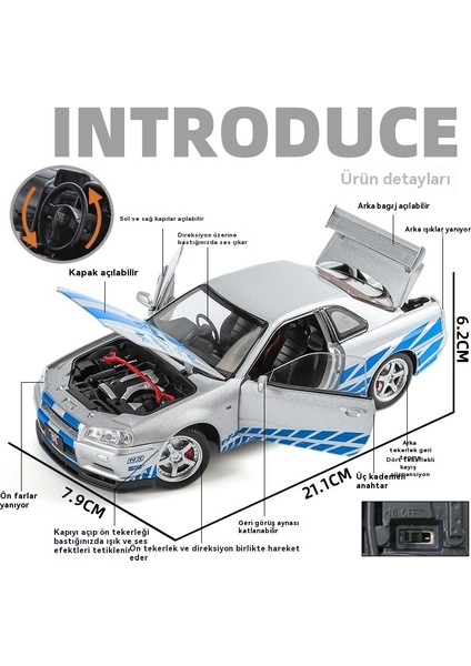 Alaşım Araba Modeli 1:24 Nissan Gtr Spor Araba Oyuncak Araba R34 Model Set (Yurt Dışından) indirimleri