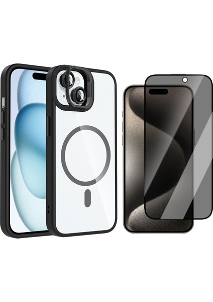 Apple iPhone 14 Kılıf Standlı ve Kamera Lens Hediyeli M-Safe Şarj Özellikli Zore Etro Kapak + Hayalet Ekran Koruyucu