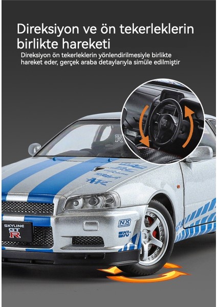 Alaşım Araba Modeli 1:24 Nissan Gtr Spor Araba Oyuncak Araba R34 Model Set (Yurt Dışından) modelleri