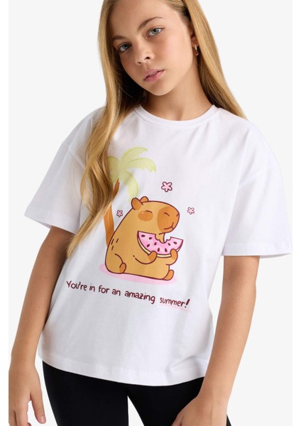 Kız Çocuk Oversize Geniş Kalıp Bisiklet Yaka Baskılı Kısa Kollu Tişört F9722A825HS