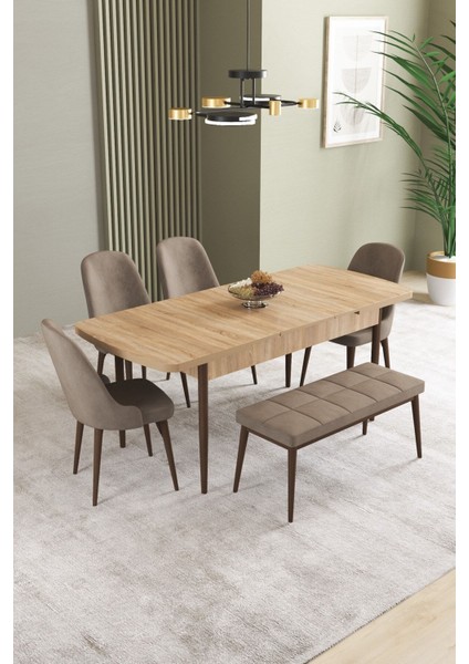 Ikon Meşe Desen 80X132 Açılabilir Mdf Masa Yemek Odası Takımı, Mutfak Takımı 4 Sandalye, 1 Bench fiyatları