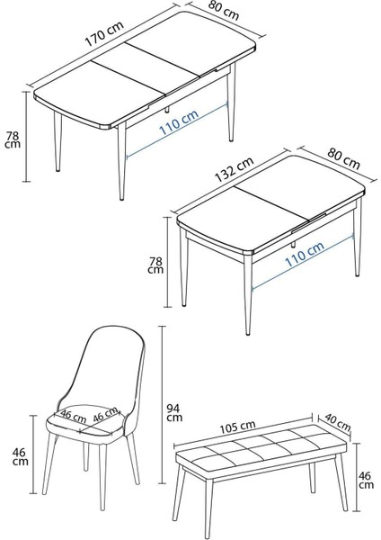 Ikon Meşe Desen 80X132 Açılabilir Mdf Masa Yemek Odası Takımı, Mutfak Takımı 4 Sandalye, 1 Bench indirimleri