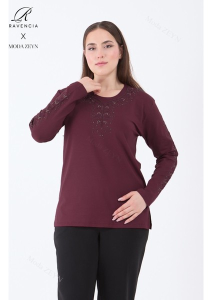 Kadın Orta Yaş ve Üzeri Viskon Şerit Çiçek Desen Taşlı Işlemeli Likralı Koyu Bordo Anne Penye Bluz