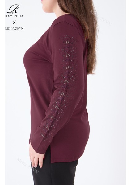 Kadın Orta Yaş ve Üzeri Viskon Şerit Çiçek Desen Taşlı Işlemeli Likralı Koyu Bordo Anne Penye Bluz fiyatları