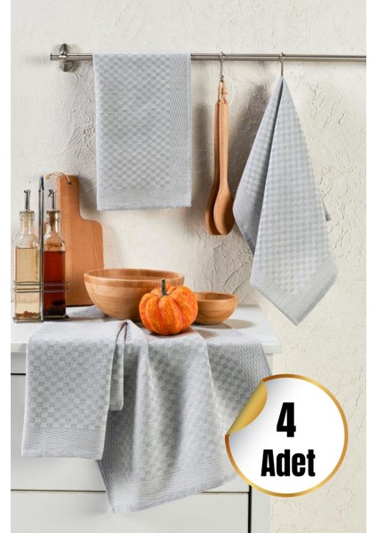 Gri Dama Desenli Mutfak Kurulama Bezi Seti, 40X60 Cm, 4 Adet