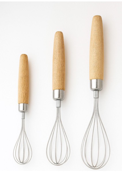 3'lü Ahşap Sap Çırpıcı Seti, Lüks Çelik Yumurtalı ve Soslu Karıştırıcılar