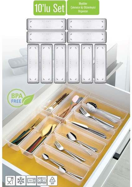Beyaz 10'lu Modüler Kaşıklık Seti, Mutfak Düzenleyici, Çekmece Içi Organizer