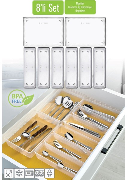 Beyaz 8'li Modüler Kaşıklık Seti, Mutfak Düzenleyici, Çekmece Içi Organizer